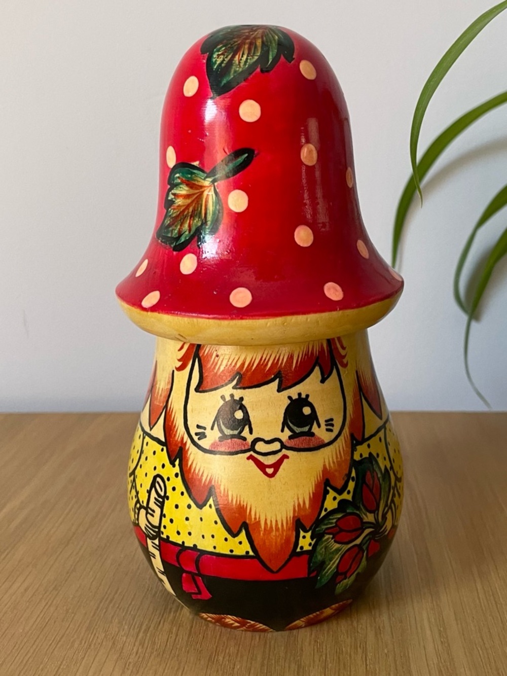 Vintage Hand-Painted Wooden Gnome Mushroom Doll Figurine 🍄